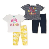 Çocuklar Garanimals Kız Grafik T-Shirt, Peplum T-Shirt ve Fiyonklu Tayt, 4 Parça Kıyafet Seti, 4-10 Beden
