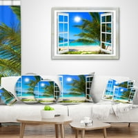 Palmiyeli Sahile Açılan Designart Penceresi - Deniz Kıyısı Atma Yastığı - 16x16