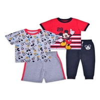 Mickey Mouse Erkek Bebek ve Yürümeye Başlayan Çocuk T-Shirt, Şort ve koşucu pantolonu Kıyafet Seti, 4 Parça, 12M-5T