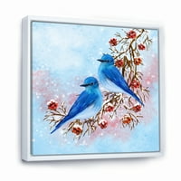 Kışın meyveleri olan Bir dalda oturan iki mavi kuş çerçeveli resim tuval sanat Baskı