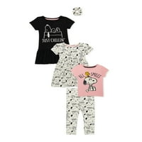 Snoopy Bebek ve Yürümeye Başlayan Kız Elbise, Tişört ve Tozluk, 5 Parçalı Mi ve Maç Kıyafet Seti, Months-5T