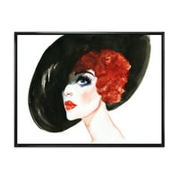 Designart 'Portre Kadın Kırmızı Kafa Bayan Şapka' Modern Çerçeveli Tuval Duvar sanatı Baskı