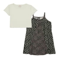 Belle du Jour Kız İkiz Baskı Slip Elbise ve Tişört Seti, 2 Parça, Beden S-XL